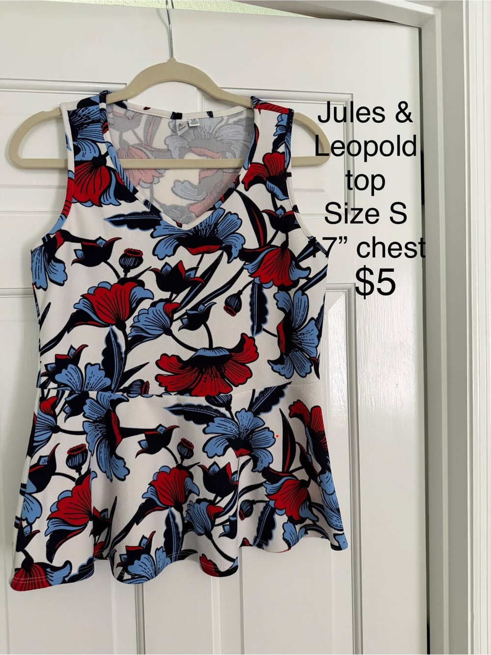 Jules & Leopold White Floral V-Neck Sleeveless Top - Red & Blue